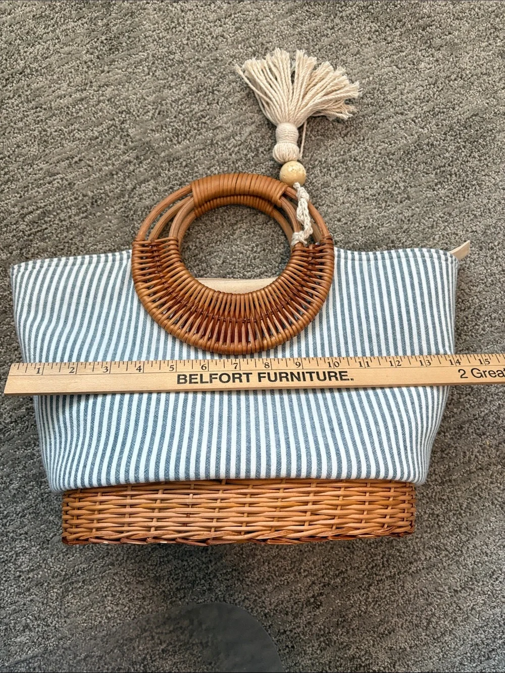Straw Studios, Striped Canvas and Rattan Tote Bag with Tassel - Blue/White - Picture 7 of 9
